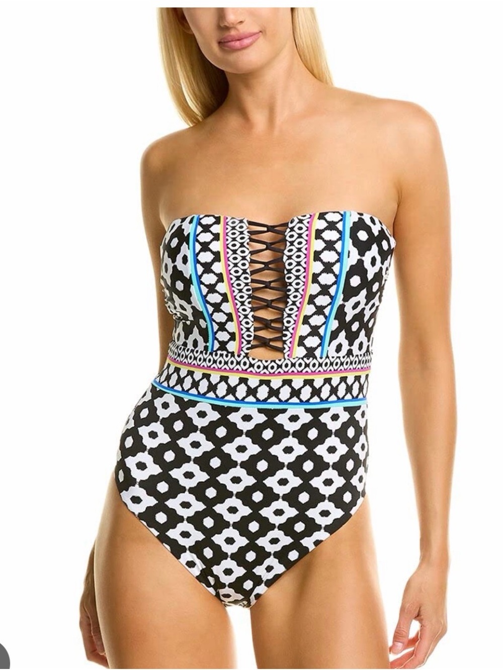 Strapless Black & White Lace-Up One-Piece Swimsuit with Blue Accents